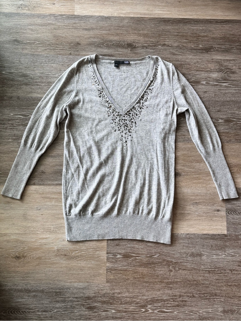 EILEEN FISHER Gray Organic Cotton Cashmere Sequin V-Neck Sweater M